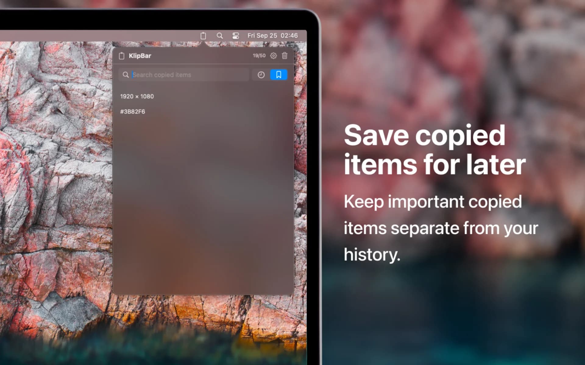 KlipBar showing a short list of saved clipboard items, next to the text "Save copied items for later"