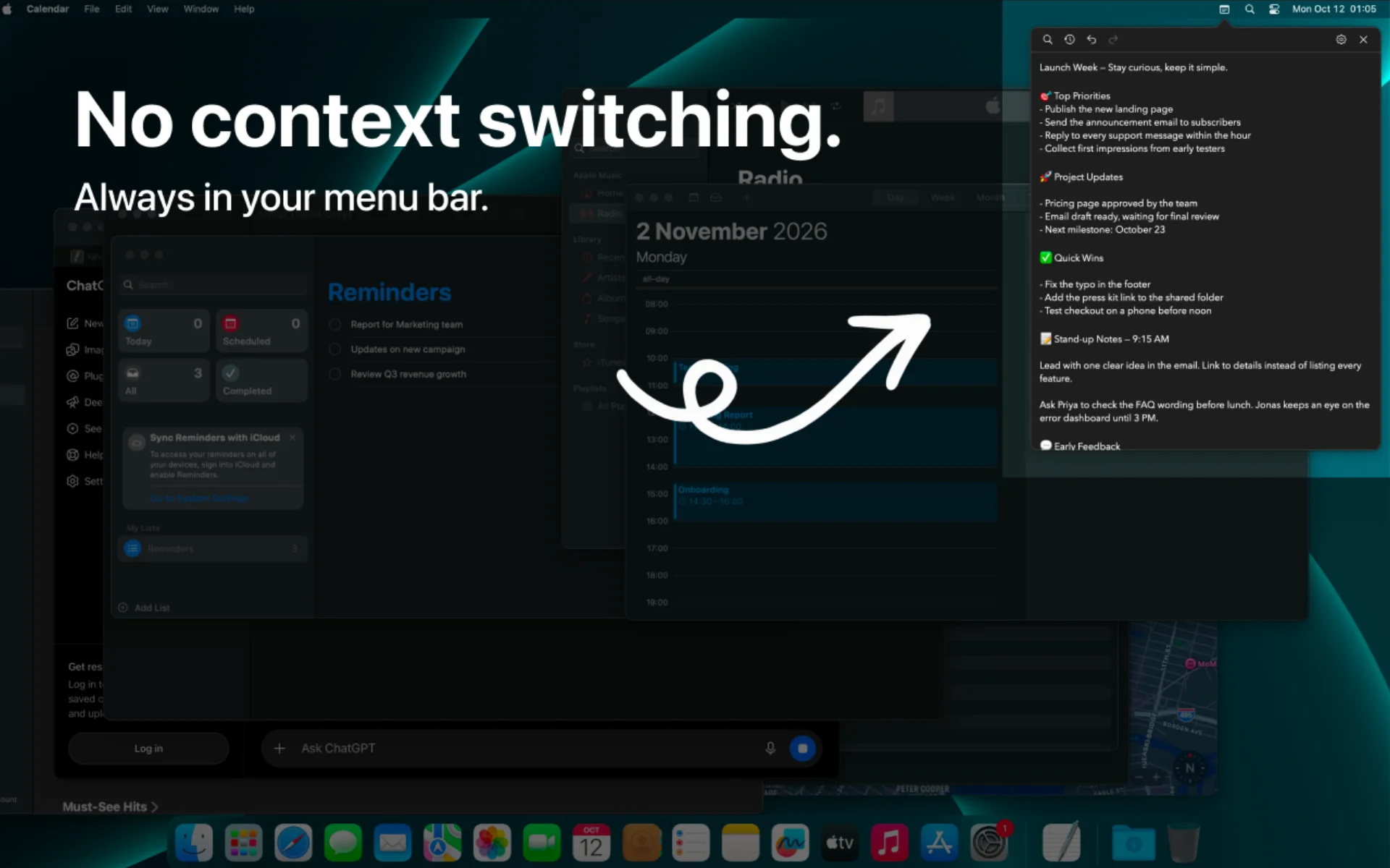 NoteBar note window floating over other open apps, with the text "No context switching"
