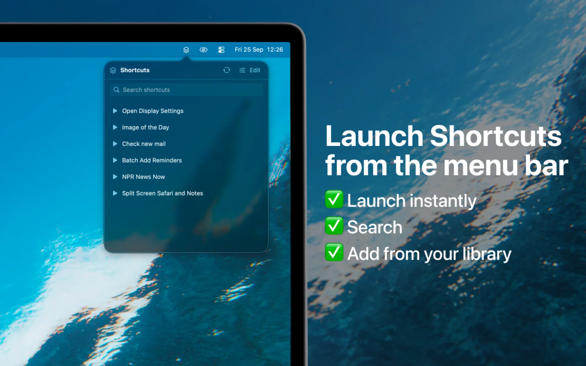 Shortcuts Launcher menu bar window listing six Shortcuts with play buttons and a search field