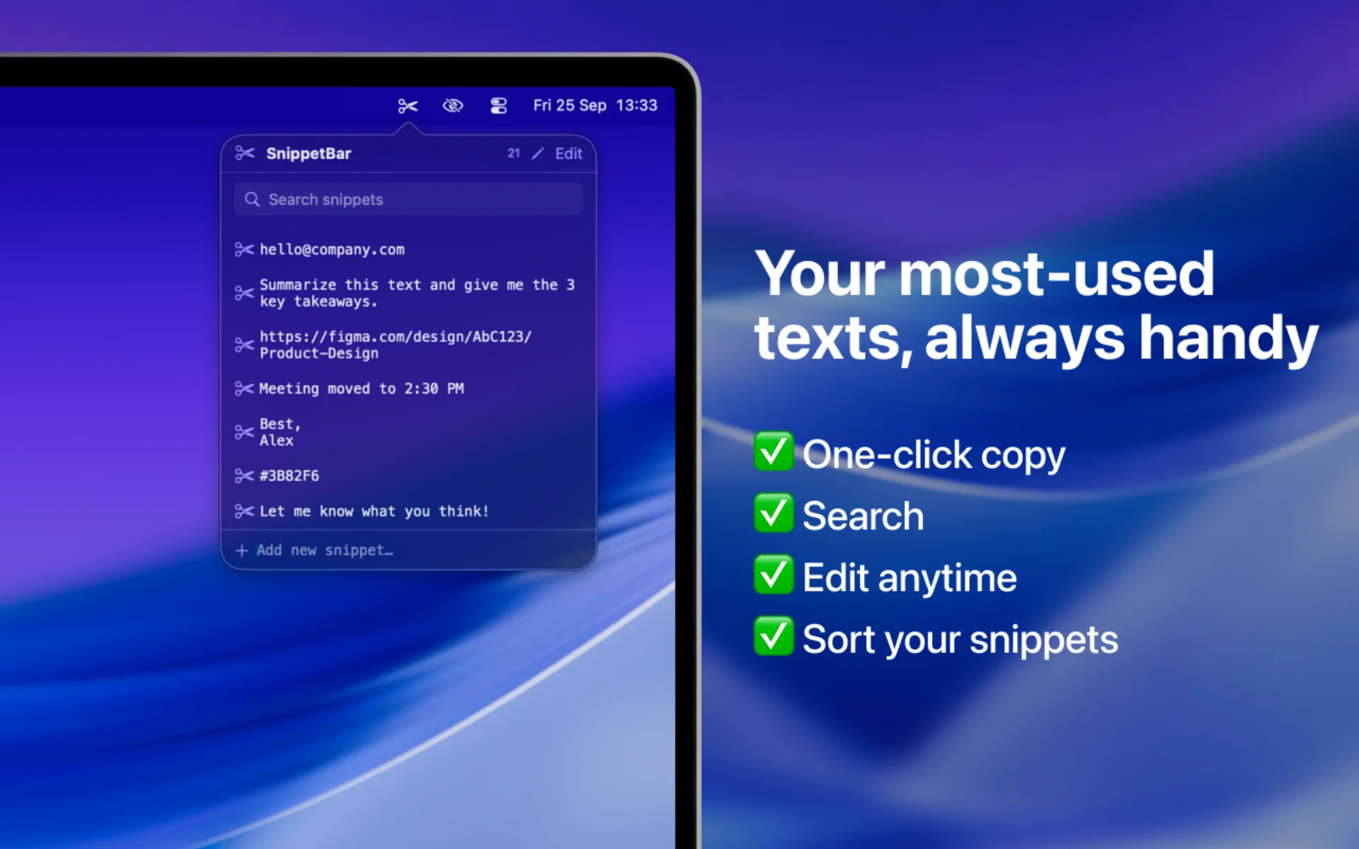 SnippetBar menu bar window listing saved text snippets such as an email address, a link and a signature