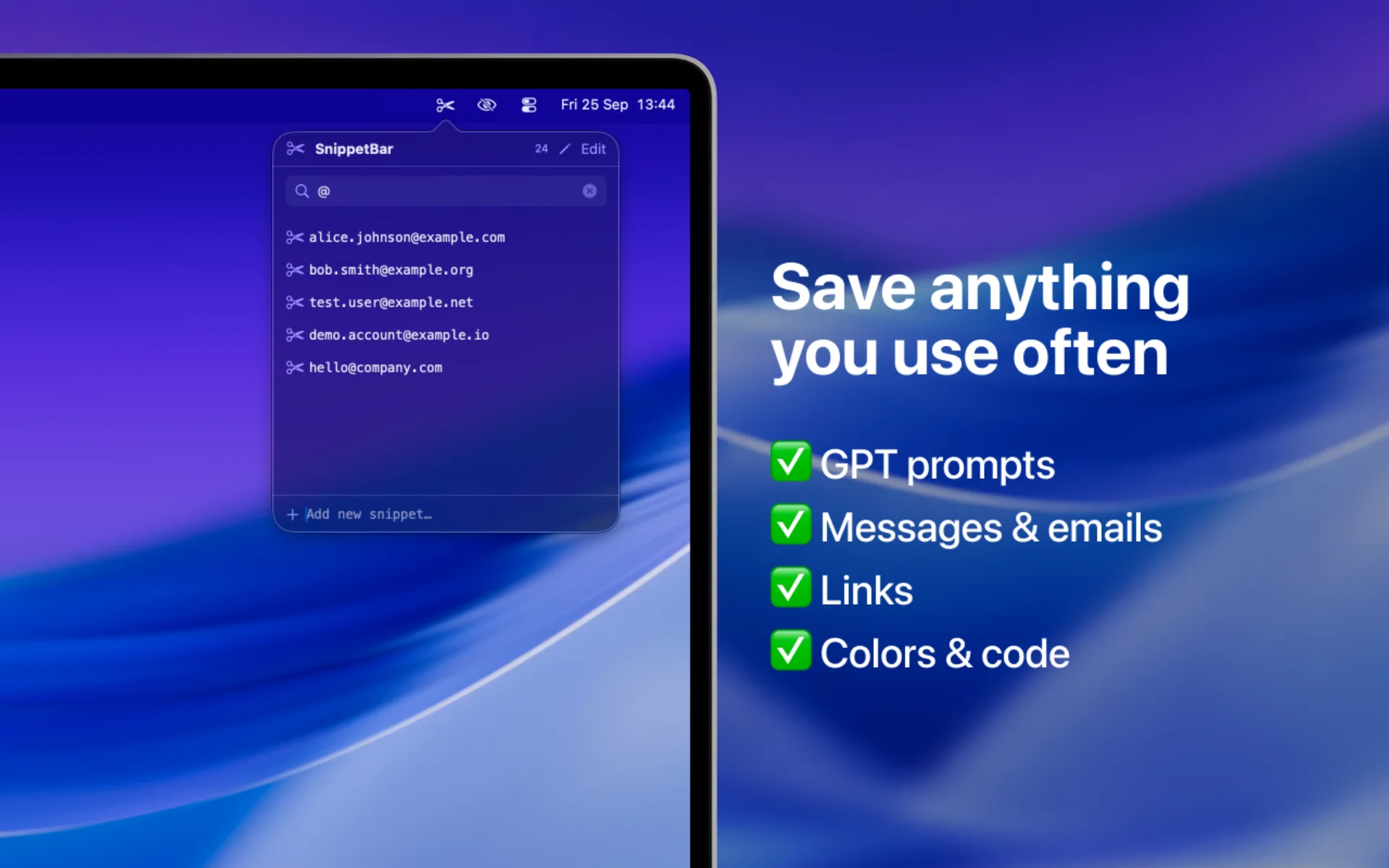 SnippetBar with "@" typed in the search field, showing five matching email address snippets